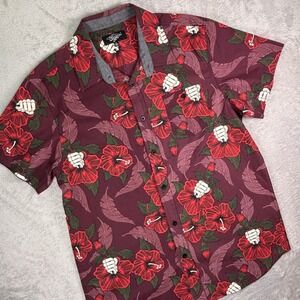 Eighty Eight Men's Button-Up Shirt Size XL Red Floral Skeleton Fist Print Cotton